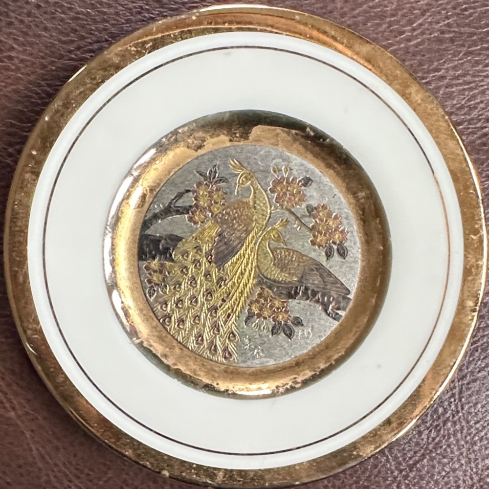 Vintage Chokin Art Peacock Dish – 24k Gold & Silver on Porcelain – Japan